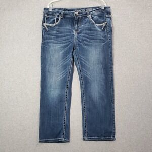 Grace Women Jeans 17 Petite Blue Denim Straight High Rise Pockets Embroidered